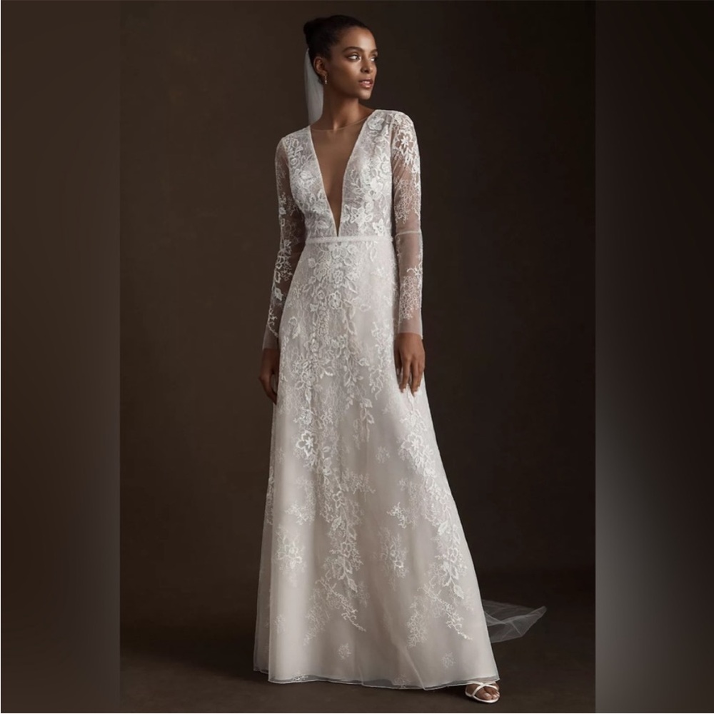 BHLDN Lace Long-Sleeve Plunge A-Line Wedding Dress in Ivory